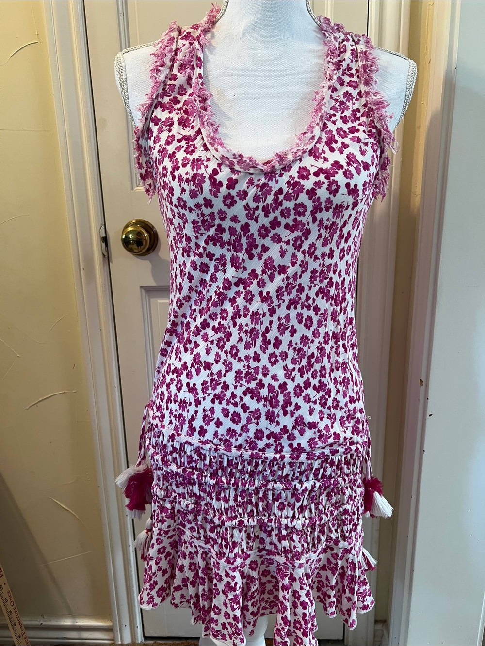 Sky to Moon Flirty Pink and White Floral Tassel Tank Dress size S.